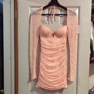 Oh Polly Blush Pink Pearl-Sleeve Ruched Halter Mini Dress